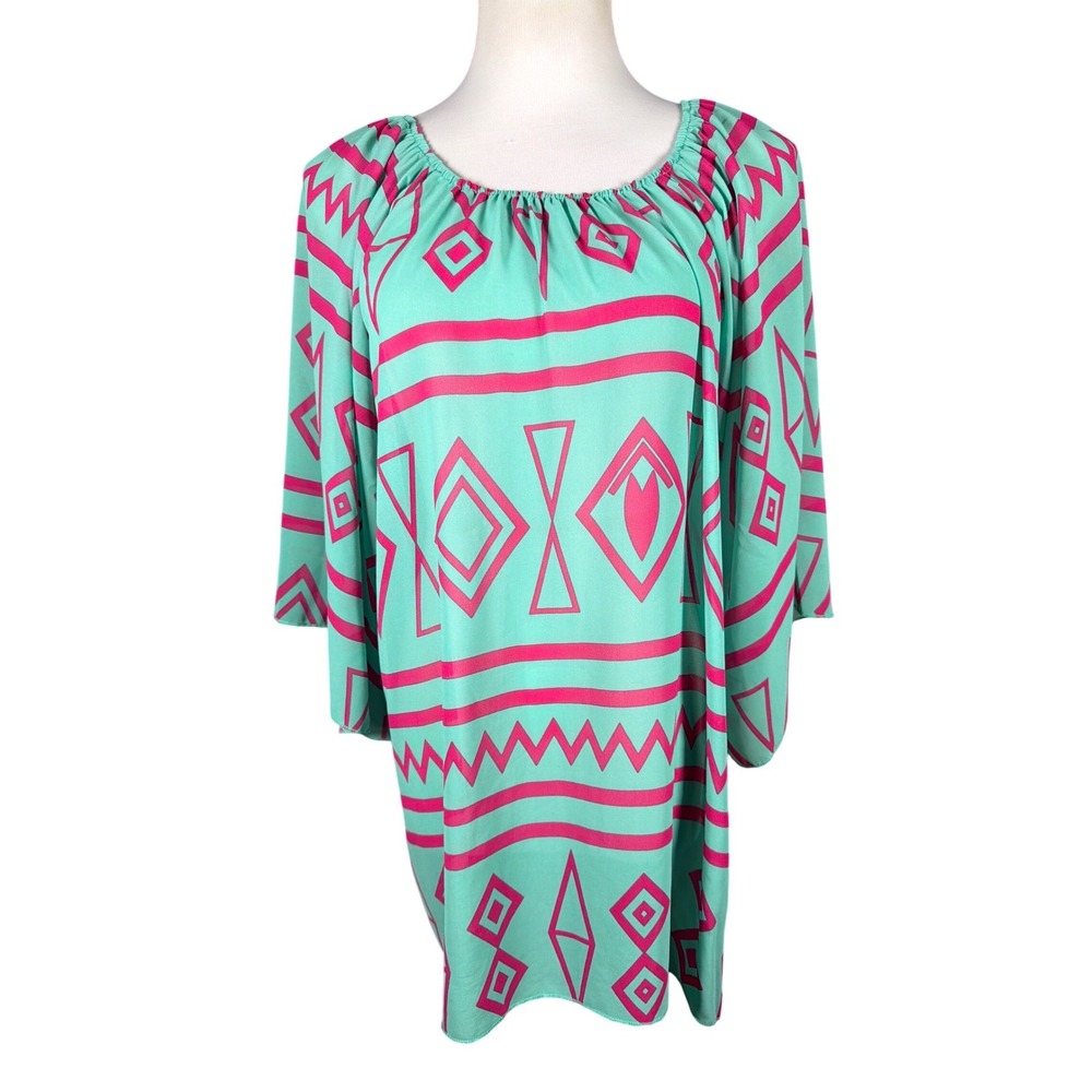 Cowgirl Hardware Womens XL Teal Pink Geometric Southwestern Tunic Top 3/4 Sleeve
